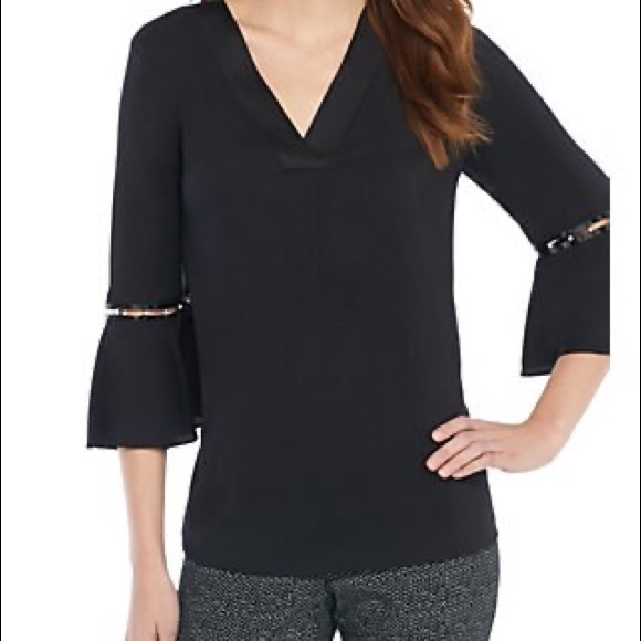 NWOT Black Silky V-neck Shirt with Pearls - Picture 4 of 4